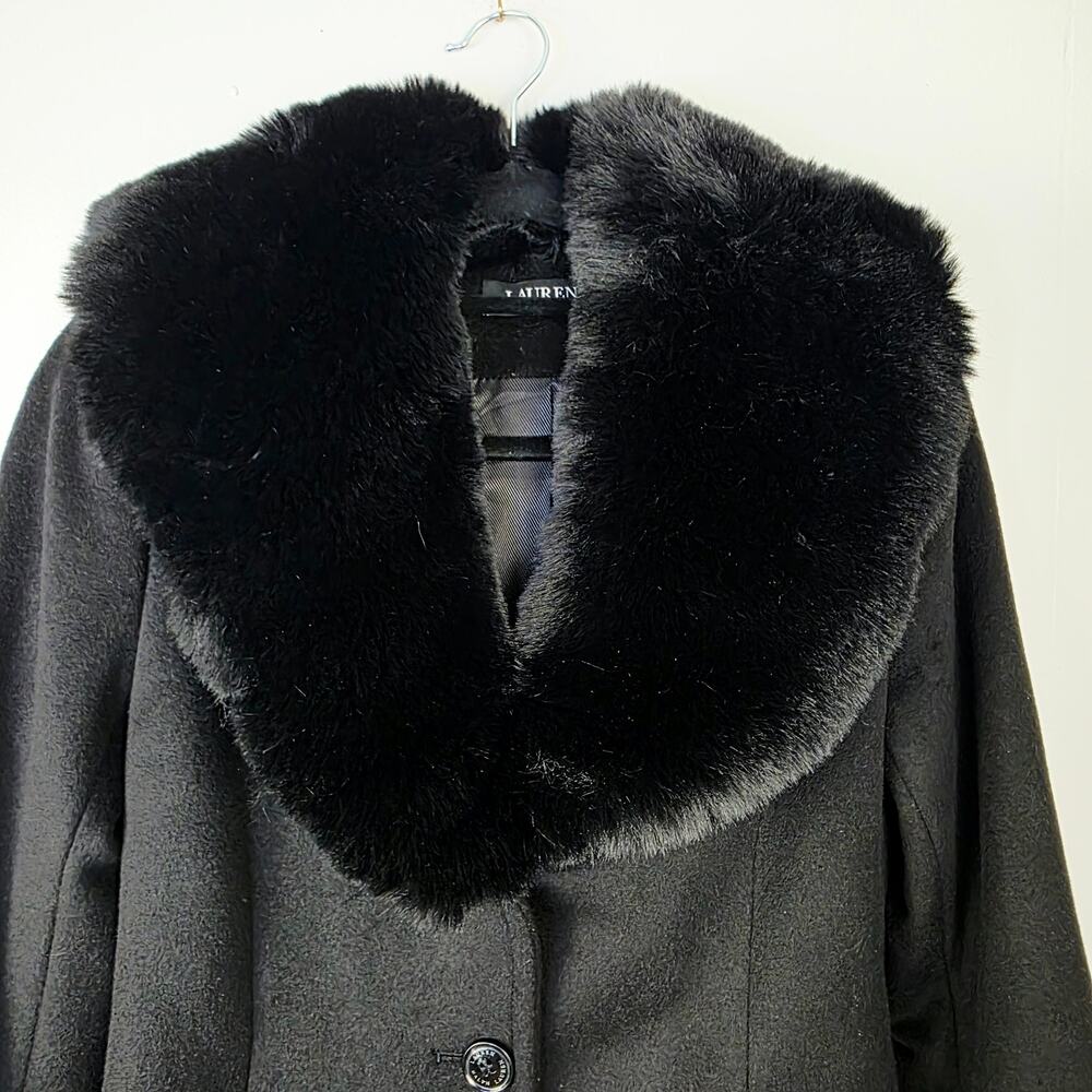 Lauren Ralph Lauren Wool Blend Coat 2P Black Faux Fur Collar Old Money Long - Picture 5 of 12